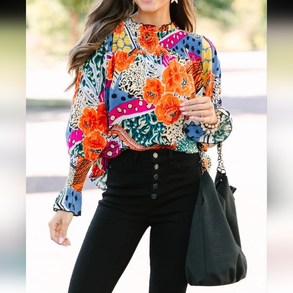 THML| Smocked Bodice Bishop Sleeve Mixed Print Blouse US Med. Colorful Boxy Boho - Picture 7 of 7